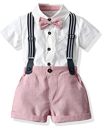 Volunboy Bébé Garçon Ensemble Costume, Manches Courtes Noeud Papillon Chemise avec Short Bretelle Barboteuse(Taille 80,12-18 mois,Rose)