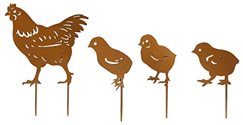 FONDUO 4Stück Roststecker Gartenstecker Rost Metall Huhn Deko Rostiges Gartendeko Rostoptik Hühn Gartendeko, Rostdeko Gartendeko Tiere Huhn Deko Figur für Außen Terrasse Balkon Blumentopf (Rostoptik)