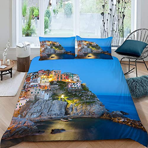 TAOLU Bettwäsche-Set Manarol-Dorf 3D Motiv Bettbezug mit Reißverschluss Sommer Kinder Kuschelig Mikrofaser Berühmte Landschaft Bettbezüge Jungen Mädchen Bettwäsche 135x200 mit 2 Kissenbezug 80x80 cm
