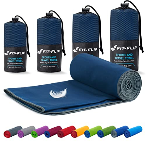 Fit-Flip Mikrofaser Handtuch - kompakt, leicht und schnelltrocknend - Microfaser Handtücher - als Reisehandtuch, Sporthandtuch, Strandtuch und Badetuch groß (70x140cm, Marineblau - Grau)