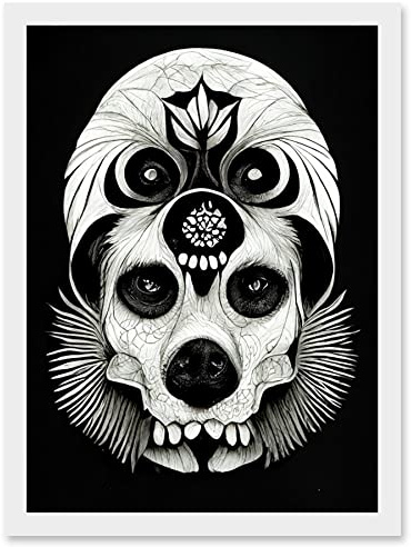 Doppelganger33 LTD Day Of The Dead Dog Skull Head Drawing Halloween Artwork Framed Wall Art Print A4