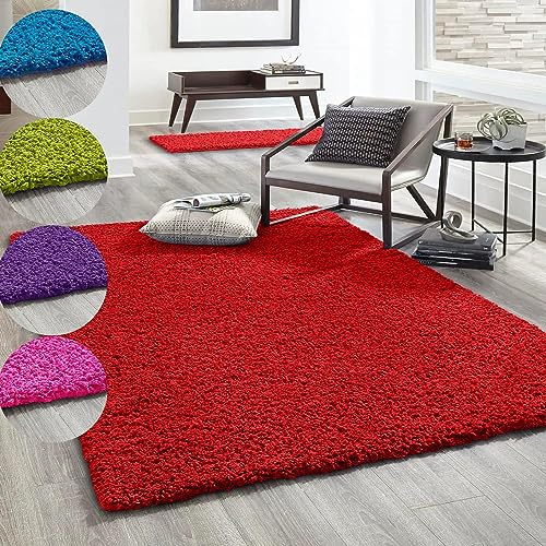 VIMODA Hochflor Teppich Prime Shaggy Langflor Wohnzimmer Schlafzimmer Rund Farbig, Farbe:Rot, Maße:Ø 200 cm Rund