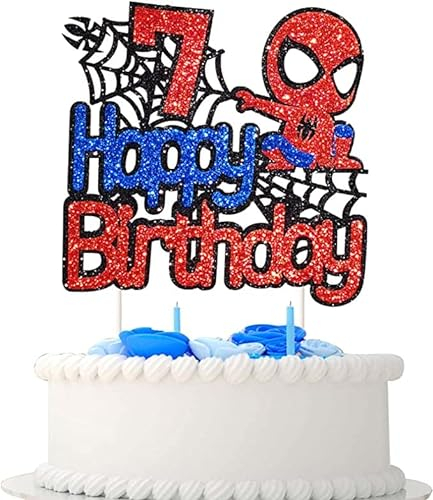 Spiderman Tortendeko 7 Geburtstag, Happy Birthday Tortendek, Superhelden Cake Topper, Doppelseitiger Glitter Kindergeburtstag Kuchen Deko für Mädchen Junge Baby