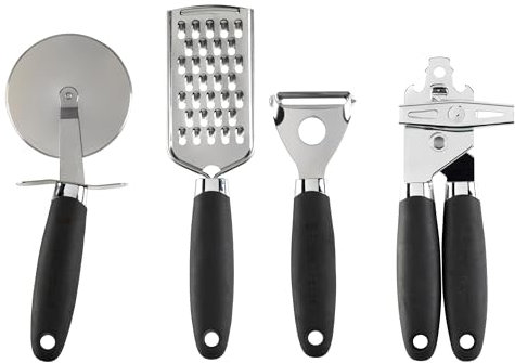 Russell Hobbs RH03233EU7 4-teiliges Küchenhelfsset – Venus Kollektion, Peeler, Dosenöffner, Pizzaschneider, Reibe, Aufhängehaken, Soft-Touch-Griffe, Einfache Reinigung, Küchenutensilien, Schwarz