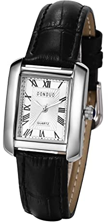 JewelryWe Damenuhr Vintage Partner Freundschaft Leder Armband Uhr Damen Analog Quarz Armbanduhr Klassische Rechteckige lässige Uhr mit Römischen Ziffern Zifferblatt Geschenk für Frauen Schwarz