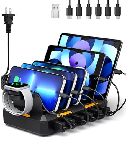 Charging Station for Multiple Devices, Honcila 6 in 1 Multi Charger Station Charging Dock for Cellphone Tablet iPhone iPad and More - 50W Charging Station Organizer with 6 Mixed Charging Cables