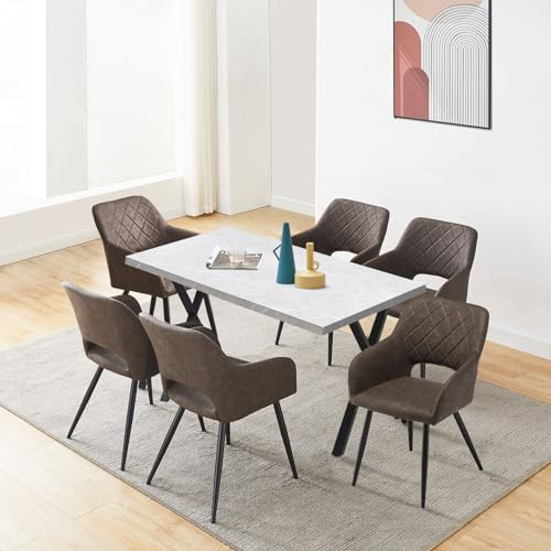 CLIPOP Essgruppen Esstisch mit 6 Stühlen,Holz Rechteckig Küchentisch 140cm und PU Leder Esszimmerstühle 6er Set,Retro Style Tisch Armlehnstuhl Sitzgruppe für Wohnzimmer Esszimmer Küche (Grau+Braun)