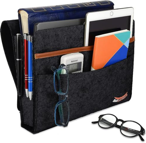 Bedside Organiser Pocket - Slip Resistant with Hook & Loop and Watch Straps for Bed Rails, Sofa, Bunk Bed - Felt Bedside Storage Caddy (Black)