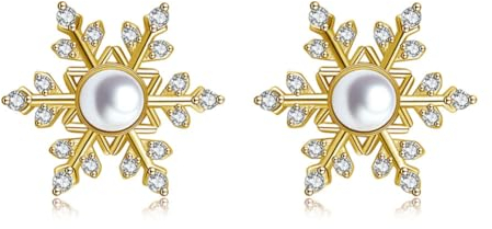 Deyanse Silber Schneeflocken Ohrstecker, 925 Sterling Silber Weihnachten Ohrringe für Damen Mädchen, Hypoallergen Ohrringe Stecker mit Weiß Perle Zirkonia, Gold Schmetterlingsverschluss Ohrstecker