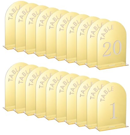 QUARKZMAN 20Pcs 4.8 x 7 Pouce Panneau Acrylique en Forme D'Arc Doré Avec Support, Supports de Numéros de Table en Arc Acrylique pour Décoration de Centre de Table de Mariage (Numéro 1-20)