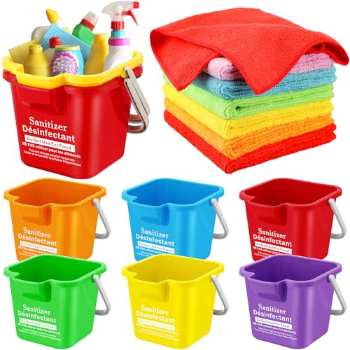 Vesici 6 Set 3 Quart Cleaning Bucket with Cloths Small Sanitizing, Colorful | Sanitizing with Microfiber Cloths, Small Utility Pails for Household Restaurant Office School, Plastic Containers