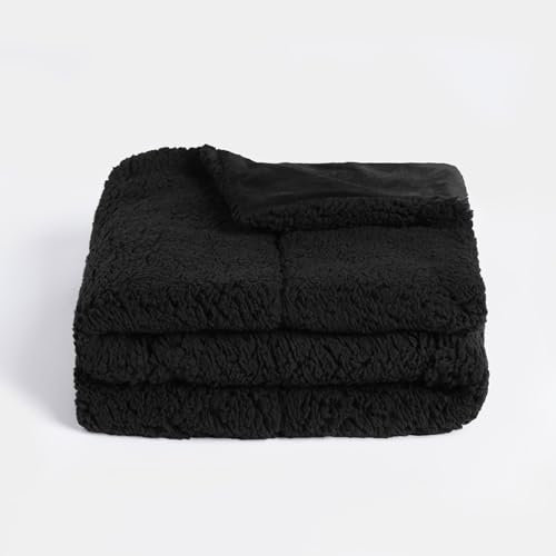 Brentfords Pet Blankets for Dogs Sherpa Fleece Black Dog Blanket Large Washable Soft Fluffy Warm Fleece Mat Throw Over Sofa Cat Dog Fleece Blankets, 75 x 110cm