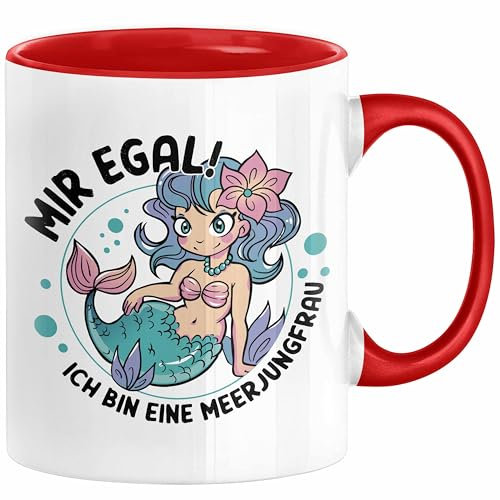 Meerjungfrau Geschenk Tasse für Mädchen Nymphe Nixe Becher Grafik Mir Egal Ich Bin Eine Meerjungfrau (Rot)