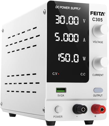 FEITA DC Power Supply Variable, 30V 5A Adjustable High Precision Bench Lab Power Supplies with 4-Digits LED Display, Encoder Knob, Output Switch/OCP, USB Interface for Anodizing & Electroplating Kit