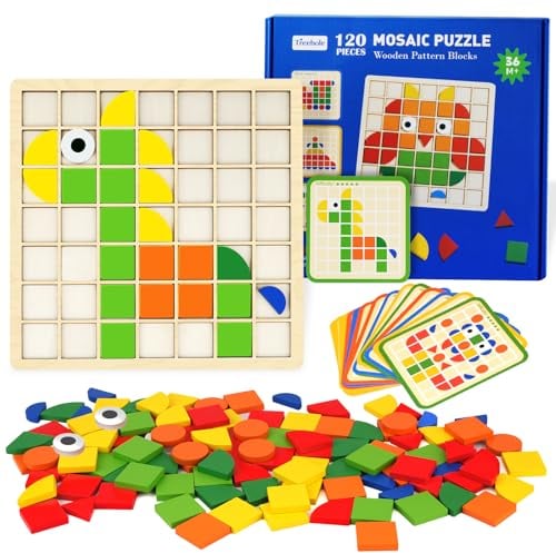 Montessori Spielzeug ab 3 4 5 6 Jahre, 120PCS Tangram Kinder Puzzles Hölzerne Muster Blöcke Set, Geometrische Formen Holzpuzzles mit 20 Beidseitige Karten, Pädagogisches Spielzeug Geschenk für Kinder