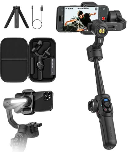 Stabilizzatore cardanico professionale per smartphone, estensione integrata da 18cm e luce di riempimento, 360°Inception, tracciamento viso e oggetto, 3 assi gimbal per iPhone&Android-AOCHUAN Smart S2