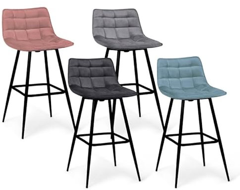 IDMarket - Lot de 4 tabourets de Bar Mady en Velours Mix Color Pastel Bleu, Gris Clair, Gris foncé, Rose