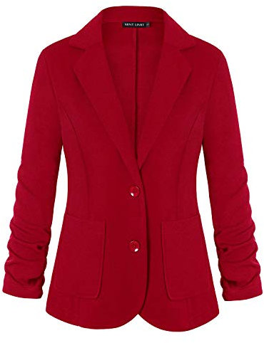 MINTLIMIT Women's 3/4 Ruched Sleeve Open Front Casual Work Office Blazer Jacket with Pockets(Red XL)