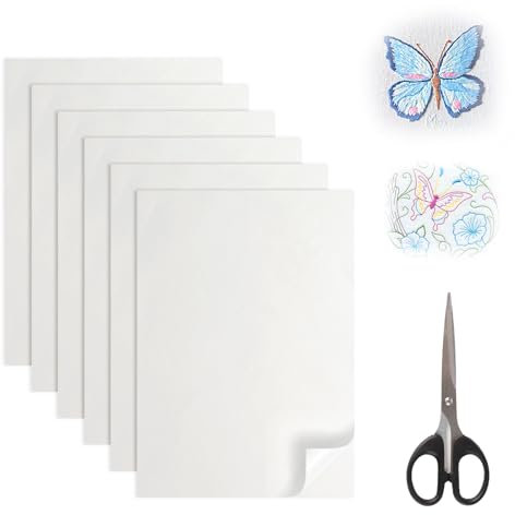 HJJMN 6 Blatt Bedruckbare Stickerei Papier, A4 Auflösbares Stickereipapier, Wasserlösliches Stickerei Stabilisator, Print Stick Stickpapier mit Schere, Maschinen Stickvlies für Handnähen Reparieren