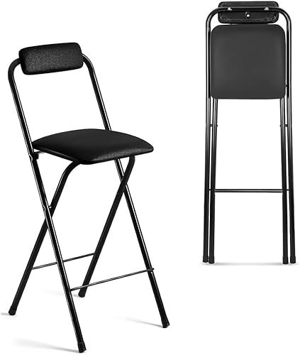 DZYHFCO Klapphocker, Klapphocker, Thekenhöhe, tragbarer Klapphocker, hohe Barhocker mit rutschfesten Fußpolstern, Ledergepolsterter Klapphocker mit Rückenlehne (Schwarz, 65 cm)