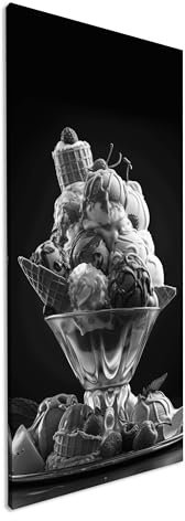 Ein prachtvoller Eisbecher mit farbenfrohen Kugeln und Toppings Panorama 100x50cm Effekt:Schwarz&Weiß XXL Kunstdruck Motiv auf Holzrahmen/Leinwandbild/Wandbild/Wohnzimmer Dekoration