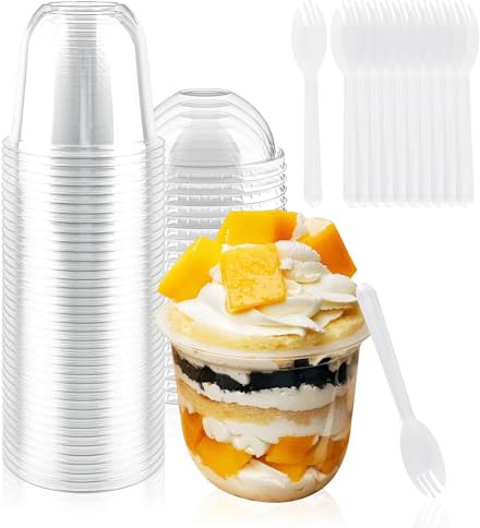 Xmart 50 Stück Dessertgläser Plastik 360ml Dessertbecher mit Deckel und Löffeln Klare Dessertschalen Wiederverwendbar Dessert Gläser Desert Becher Dessert Becher für DIY Desserts Pudding Mousse Eis