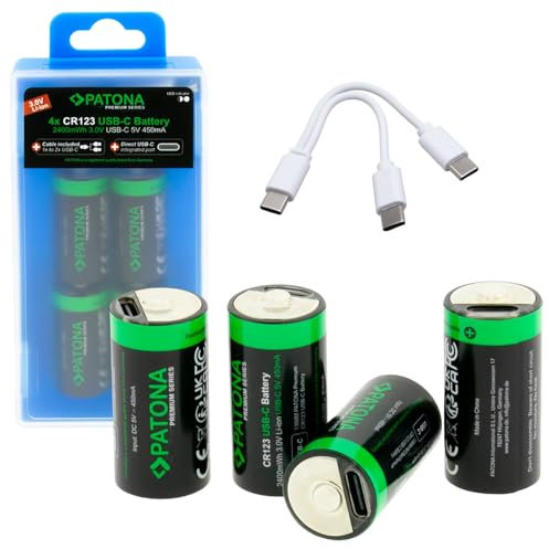 PATONA USB-C Premium 4x batterie CR123A, 2400mWh 3,0V Litio ricaricabili, con cavo di ricarica USB-C 1-a-2 – durata di oltre 1.000 cicli di carica, per fotocamere, torce e altro