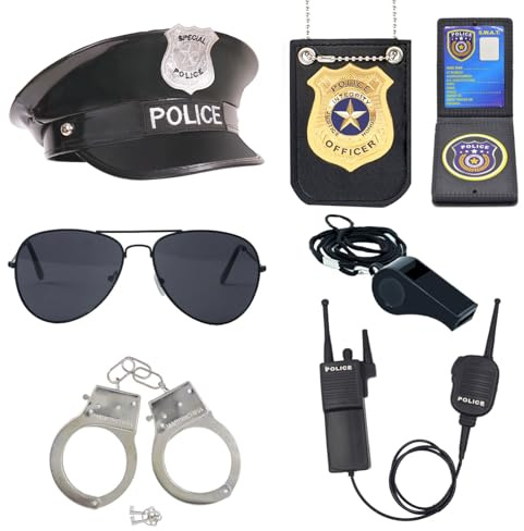 ZUCOS Polizei Kostüm Kinder, Polizist Handschellen Sonnenbrille Abzeichen Detective Cop Swat Rollenspiel Zubehör Halloween Party Kostüm (A, Medium)