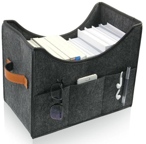 Zeitschriftenständer, Zeitungssammler, faltbarer moderner Filz Aufbewahrungskorb, 3 Staufächer, Leder doppelseitige Griffe, passender Zeitungskorb für Haus und Wohnzimmer, 38x26x30cm (Tiefgrau 1)