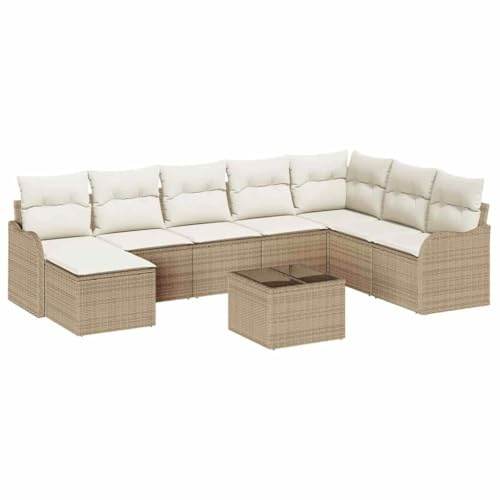 vidaXL Garten-Sofa-Set mit Kissen 9 pcs Beige Poly Rattan, Stylisches Garten- und Terrassensofa-Set, modische Rattan-Sitzmöbel, wetterfest, verstellbare Füße, eleganter Lounge-Bereich
