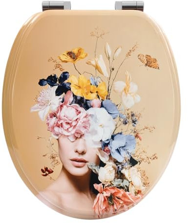 WOLTU Tapa WC Inodoro, Asiento Inodoro de Cierre Suave, Tapa Inodoro con Liberación Rápida y Bisagras Ajustables, Forma O, de MDF, Accesorios Mejorados para Varios Tipos de Tazas,Diosa de flores