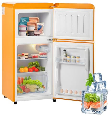 Combinazione frigorifero-congelatore retrò: due porte, altezza 86,8 cm, larghezza 45,5 cm, volume totale 60 litri,Yellow