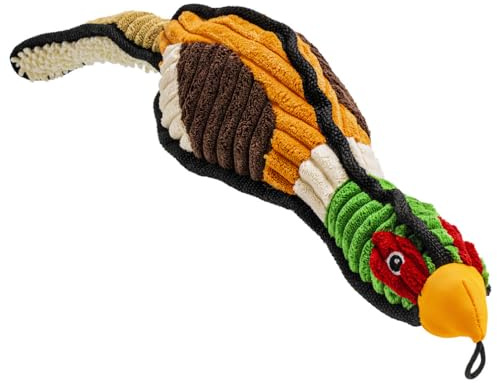 SuperPetStoreUK247 Pheasant Dog Toy – 50cm Plush Squeaky Bird with Cord & Fluffy Texture – Recycled Stuffing – Soft & Durable – Multi-Coloured Design – Ideal for Chewing, Fetch & Cuddle Play