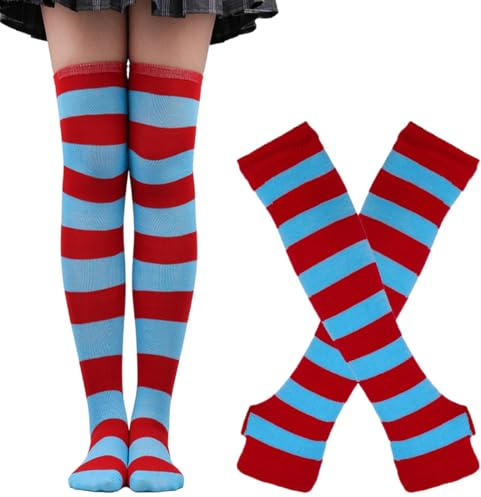 Teegxddy Gestreifte Kniestrümpfe und Fingerlose Handschuhe Hülsen-Set,Socken Overknee Strümpfe und Lange Handschuhe für Damen Mädchen Party Stützen Kostüm Halloween Weihnachten