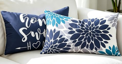 Kissenbezug 30 x 50 Blau und Petrol Dahlien Buchstabenmuster Druck, 2er Set Geometrische Blume Kissenhülle Weich Kurzflor Stoff, Bauernhaus Dekorativ Kissenhüllen für Sofa Couch Bett Kissen Dekor