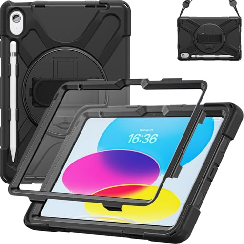 Case for iPad A16 11th Generation 11 inch 2025/iPad 10th 10.9 2022, Full-Body Shockproof with Screen Protector, 360° Rotating Stand & Hand Strap, Carrying Strap (Black)