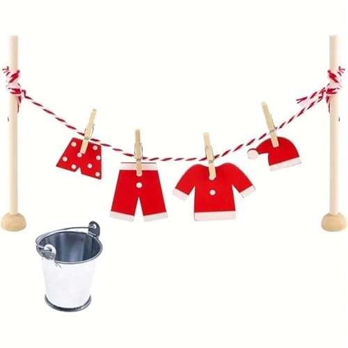 GZWY Wichtel Zubehör, Weihnachtsdeko Miniatur Wäscheständer Set,Wichtelzubehör mit Wäscheständer Holz Kleidung und Klammern, Wichtel Zubehör Weihnachten, Wichteltür Zubehör für Puppenhaus Möbel (B)