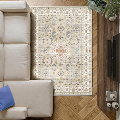 Decoranddecor Vintage Rugs Living Room 120x170cm Washable Non-Slip | Beige Living Room Rug, Machine Washable Rug, Area Rug, 6mm Low Pile, Pet Friendly, Stain Resistant