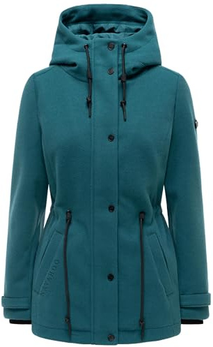 Navahoo Damen Übergangsmantel warmer Kurzmantel in Wollmantel-Optik mit Taillenzugkordeln und Kapuze Lächelstern 14 XS-3XL