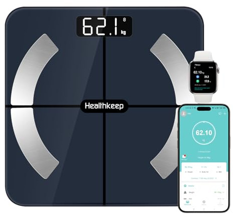 Healthkeep Personenwaage, verbundene Personenwaage, Bluetooth, Impedanzmesser, hohe Präzision, mit 13 Analysen der Körperzusammensetzung, App, Kapazität 180 kg/400 lb, 28 x 28 cm