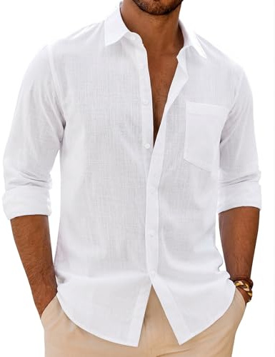 siliteelon White Linen Shirts Men Long Sleeve Casual Cotton Regular Fit Solid UK Beach Summer Fashion with Pocket S