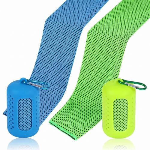Gekyve Kühlhandtuch 2er Set, Blau + Grün, 30x80cm | Kühltuch Sporthandtuch, Polyester Wabennetz, Schnelltrocknend, Mit Silikonhülle & Karabiner