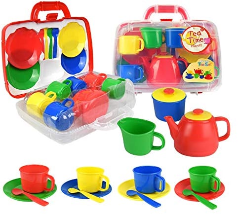 Vinsani 15 Piece Colourful Plastic Tea Party Set for Kids – Includes Teapot, Cups, Saucers, Jug, Sugar Bowl & Spoons – Pretend Play Toy with Portable Carry Case – Boys & Girls Age 3+