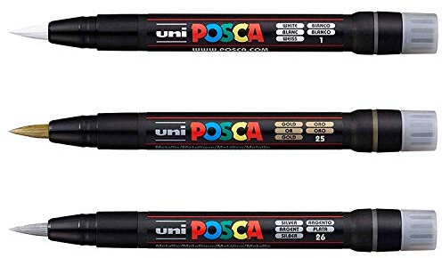 Posca Uni PCF-350 Brush Tipped Paint Marker Art Pen - Fabric Glass Metal Pen - Silver, Gold & White Set (1 of each)