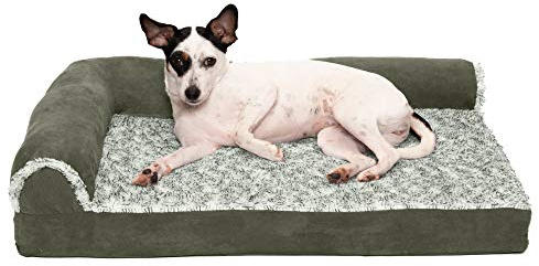 FurHaven Medium Memory Foam Dog Bed Two-Tone Faux Fur & Suede L Shaped Chaise w/Removable Washable Cover - Dark Sage, Medium