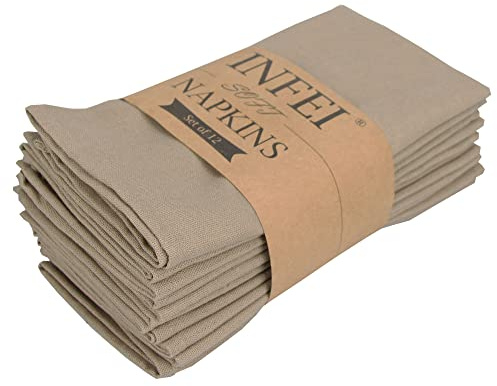 INFEI Solid Color Cotton Linen Blended Thin Dinner Cloth Napkins - Set of 12 (40 x 40 cm) - for Events & Home Use (Khaki)