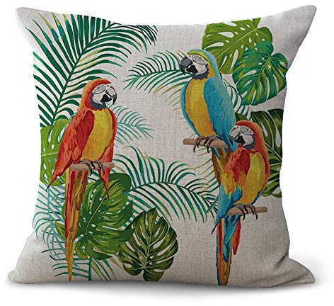 Hengjiang Kissenbezug, nordischer Stil, Vogel, Papagei, Flamingos, grünes Blattgemälde, Baumwollleinen, für Daheim, Sofa, Bettt, als Dekoration, 45 x 45 cm, Baumwoll-Leinen, 01, 45 cm*45 cm
