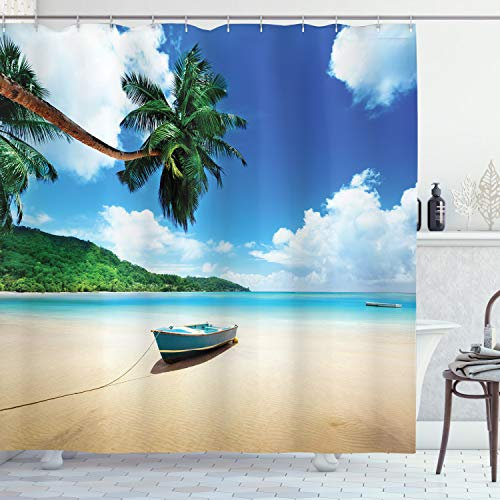 ABAKUHAUS Ozean Duschvorhang, Boot am Strand in Insel Mahe, Stoffliches Gewebe Badezimmerdekorationsset mit Haken, 175 x 240 cm, Grün Blau Sand