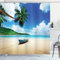 ABAKUHAUS Ozean Duschvorhang, Boot am Strand in Insel Mahe, Stoffliches Gewebe Badezimmerdekorationsset mit Haken, 175 x 240 cm, Grün Blau Sand