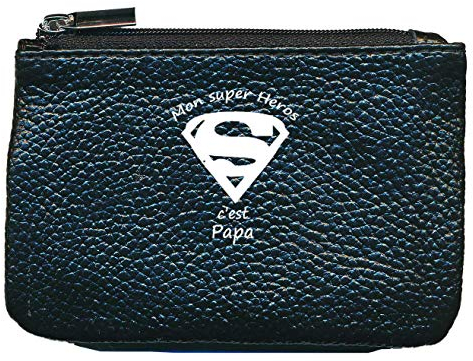Petit Porte Monnaie en Cuir Porte cles Noir Super Heros Papa
